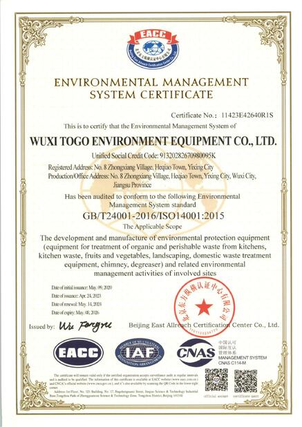 CINA WuXi TOGO Environment Equipment Co., Ltd. Sertifikasi